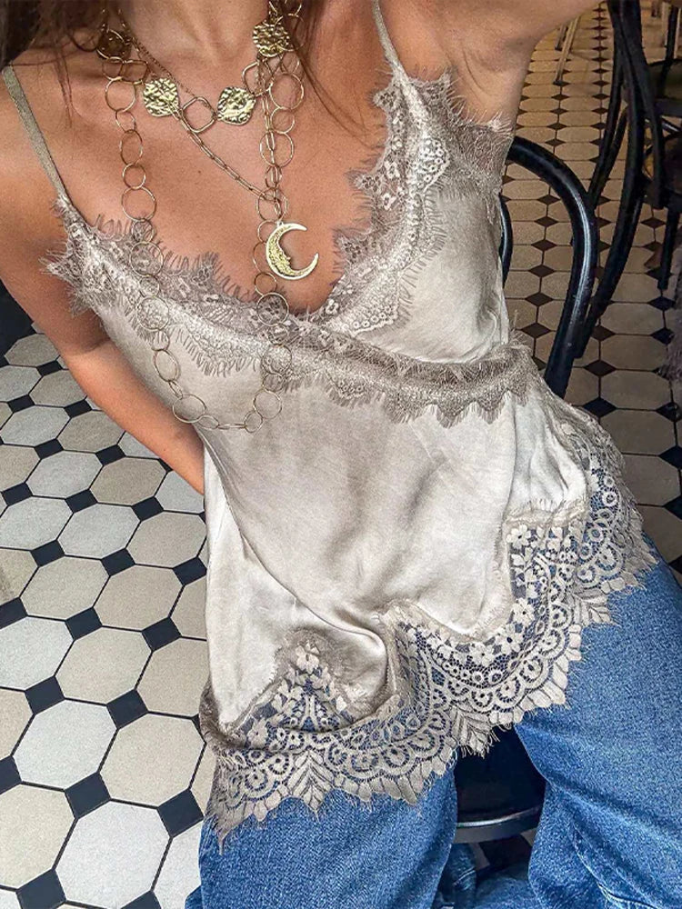 LIZAKOSHT  -  Sexy Satin Sling Tops Women V Neck Hollow Out Patchwork Lace Irregular Tank Top Female New Chic Solid Fashion Streetwears