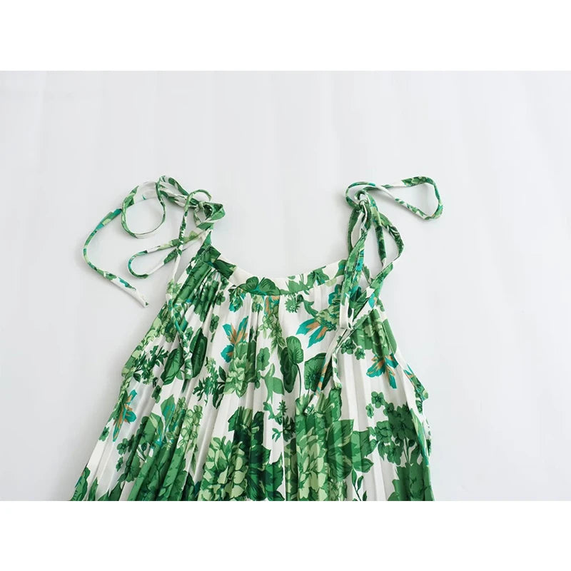 LIZAKOSHT  -   Green Floral Print Lacing Up Sling Beach Dresses Women Sexy Sleeveless O Neck Pleated Summer Dress Holiday Vestidos