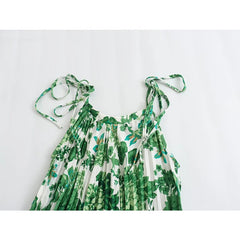 LIZAKOSHT  -   Green Floral Print Lacing Up Sling Beach Dresses Women Sexy Sleeveless O Neck Pleated Summer Dress Holiday Vestidos