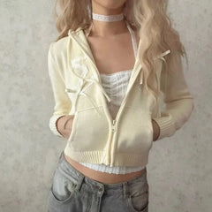 LIZAKOSHT  -  Y2K Zip Up Women's Cardigan Lace Up Crop Knitwear Star Hooded Japanese Fashion Sweater Spring Gyaru Aesthetic Sweet