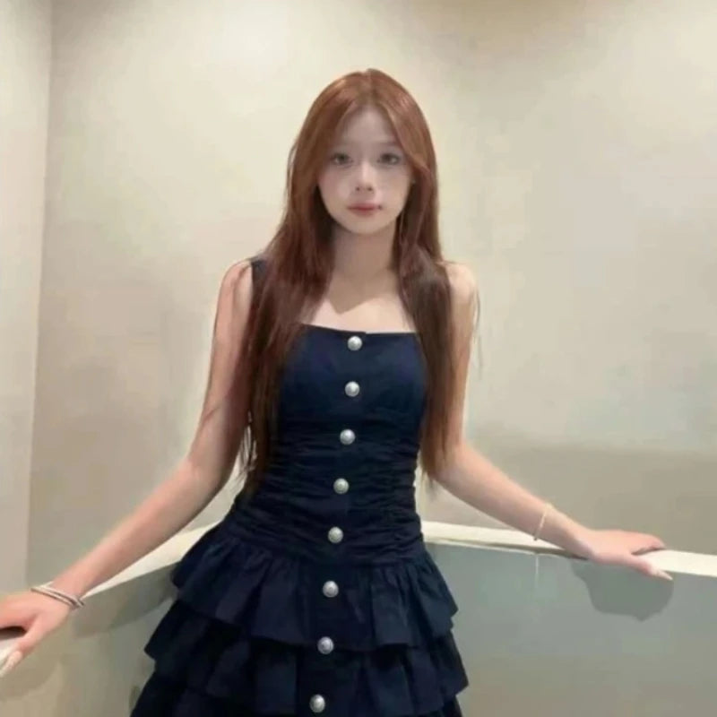 LIZAKOSHT  -  2000s Harajuku Vintage Slim One Piece Dress Korean Y2k French Elegant High-End Mini Dress Japan Style Dark Gothic Strap Dress
