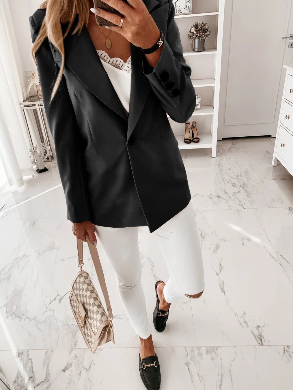 LIZAKOSHT  -  New Long Sleeved Solid Color Suit Collar Button Up Suit Jacket Cardigan