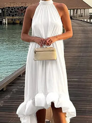 LIZAKOSHT  -  Fashion Irregular Sleeveless Halter Evening Dress Sexy Women Solid Color Loose Party Dress Elegant Off Shoulder Pleat Long Dress