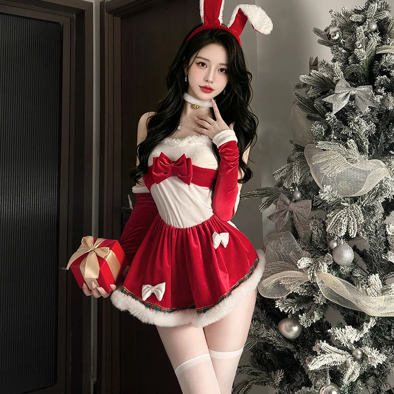  LIZAKOSHT  -  Women Christmas Bunny Costume Off Shoulder Mini Dress Set Cute Rabbit Ear Headband Neck Cuff Long Sleeve Gloves Party Outfit