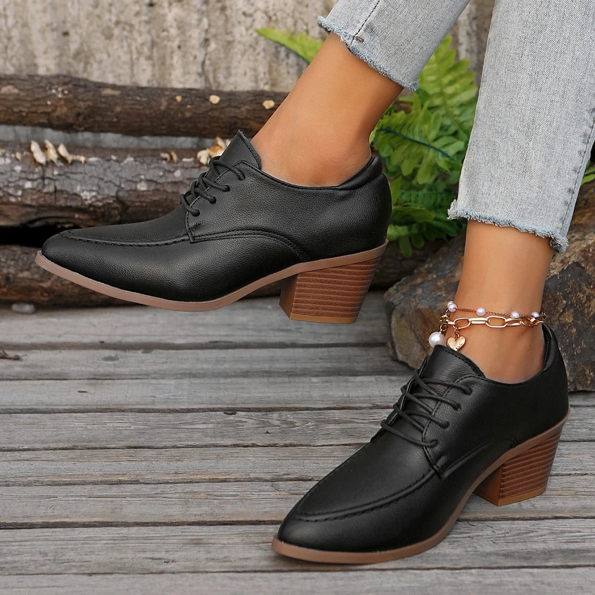 LIZAKOSHT  -  Pointed Toe Chunky Heeled Short Boots for Women Solid Color PU Leather Ankle Boots Woman Fashion High Heels Lace Up Oxford Shoes