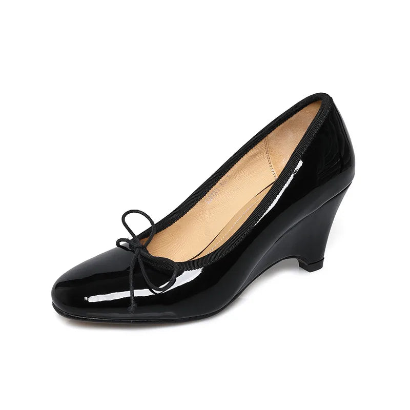 LIZAKOSHT  -  Fashion Pumps New High Quality Genuine Leather Shoes Butterfly Bow Round Head Slope Heels High Heels Women's Heels Shoes