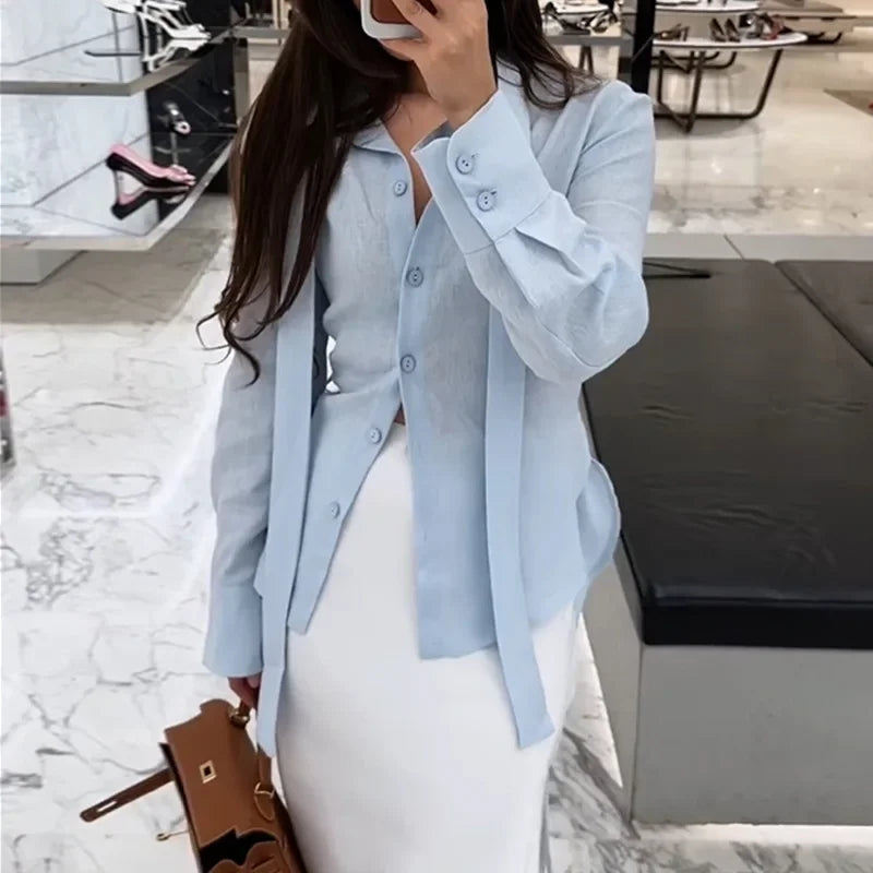LIZAKOSHT  -  Casual Women's Lace Up Shirts Long Sleeve Solid Waist-Closed Button Lady Blouse 2025 Fall Fashion Female Streetwear New