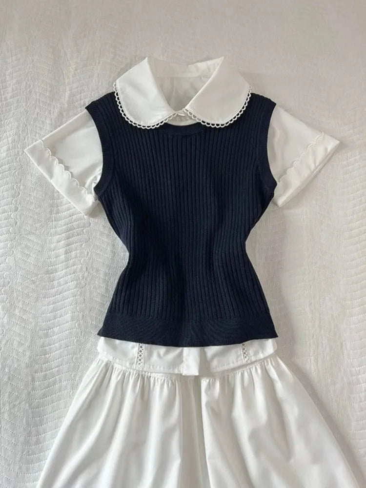 LIZAKOSHT  -  Korea Chic Patchwork 3-piece Set Women White Shirt + solid Vest + Short Skirt Suit Women Babydoll Collar Short-sleeved Set
