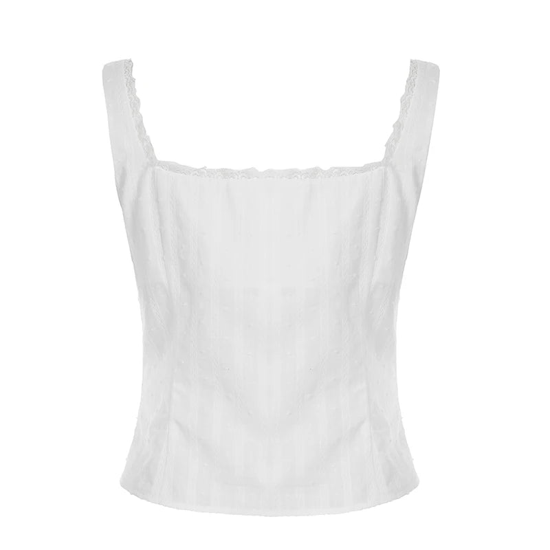 LIZAKOSHT  -  Textured Fabric Lace Trim Tank Top Elegant Tie-up Bow Single-breasted Sleeveless Tops French Style Slimming Camisole