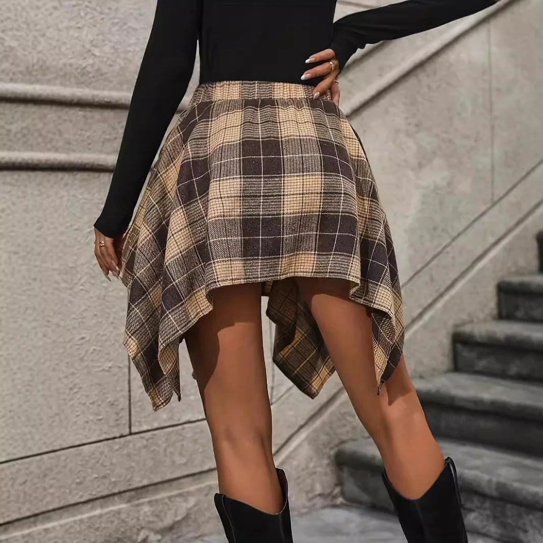 LIZAKOSHT  -  New Women's Nightclub Fashion Irregular Grid Tied Sleeves Fake Shirt Half Skirt