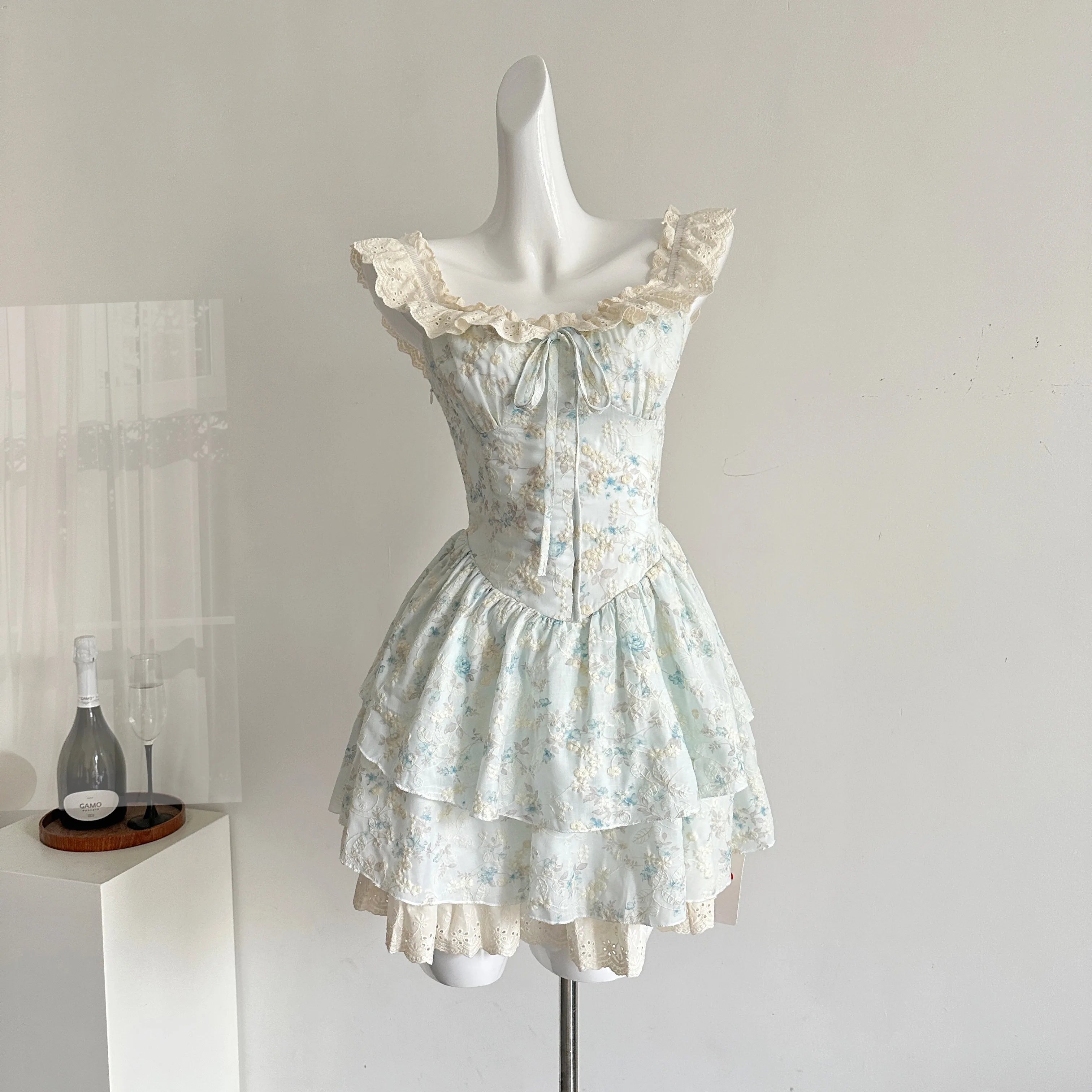 LIZAKOSHT  -  Summer Square Collar Ballet Core Dress Mini Frock Floral Party One-Piece Shoujo Evening Mori Girl Aesthetic Coquette Gyaru Cute