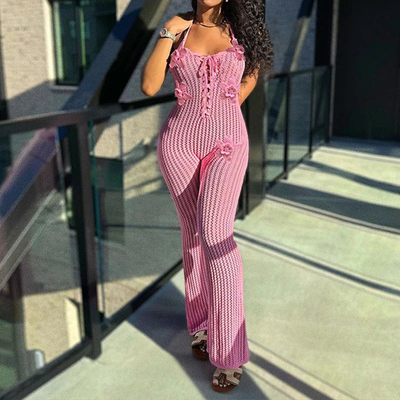 LIZAKOSHT  -  Knitted Halter High Elasticity See Through Halter Backless Solid Color Floral Appliques Club Street Low Cut Jumpsuit for Women
