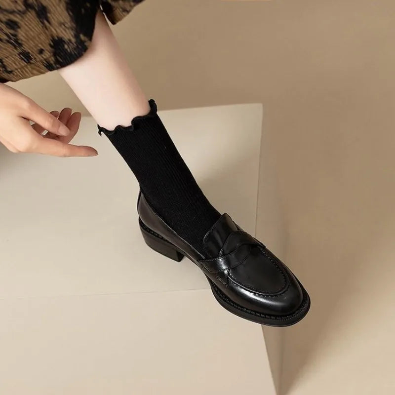 LIZAKOSHT  -  Retro Spring Autumn Women's round Toe Thick Heel Slip-On Loafers British Style Fashion Single Shoes Comfortable Leather