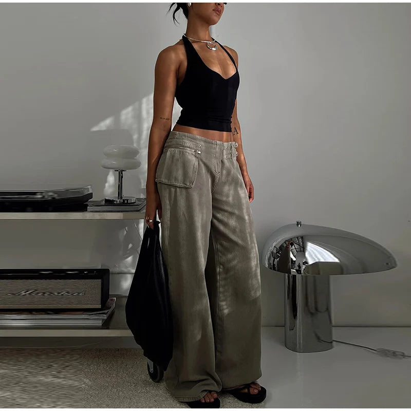 LIZAKOSHT  -  Street Belt Women Jeans Mid Waist Wide Leg Pockets Loose Female Denim Pants Autumn New Fashion All-match Lady Trousers