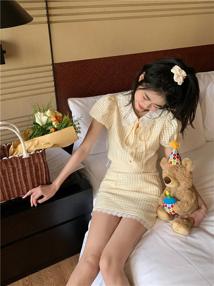 LIZAKOSHT  -  Summer Yellow Fashion 2 Piece Sets Cute Girl Short Puff Sleeve Lace Doll Collar Shirt Top&Mini Skirt 2pc Dress Suits