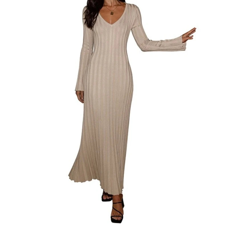 LIZAKOSHT  -  Fall Knitted Long-sleeved Dress Elegant Party Dress V-neck Women's Long Skirt