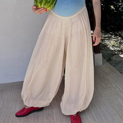 LIZAKOSHT  -  Elegant Ladies Simple Solid Color Trousers Summer New Puff Loose Women's Commute Pants Casual High Waist Pleated Wide Leg Pants