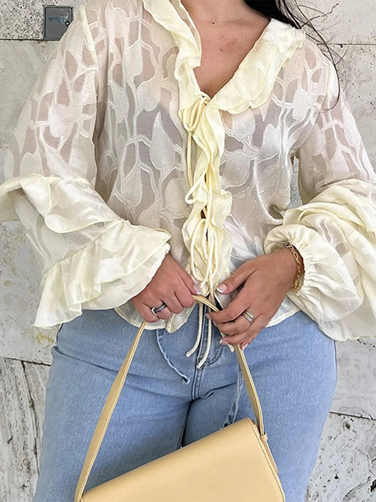 LIZAKOSHT  -  Chic Cascading Ruffle Top For Women V-neck Long Sleeve Hollow Out Lace Up Transparent Shirt 2025 Summer Female Casual Outerwear