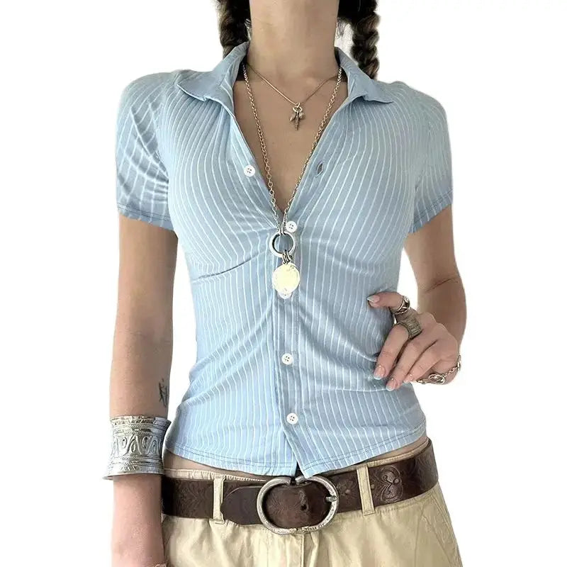 LIZAKOSHT  -  Shirt Striped Buttoned Polo Collar Blue Basic Slim Fit Thin Top American Hot Girl Shows Her Figure Sexy Trendy T