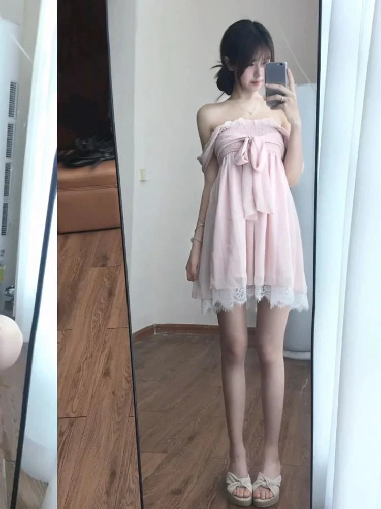  LIZAKOSHT  -  Sweet Lolita Kawaii Mini Dress Women Bowknot Off Shoulder Ruffle Lace Trim Loose Fit Princess Daily Kawaii Japanese Fashion