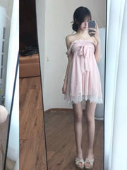  LIZAKOSHT  -  Sweet Lolita Kawaii Mini Dress Women Bowknot Off Shoulder Ruffle Lace Trim Loose Fit Princess Daily Kawaii Japanese Fashion
