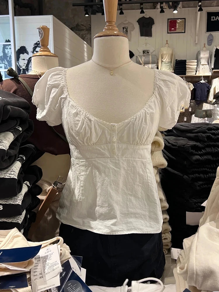 LIZAKOSHT  -  Yellow Lace Trim T-Shirt Blouse Women Three Buttons Square Neck Puff Sleeve Cotton Tee Shirt Summer Sweet Cute Crop Tops Y2k New