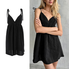 LIZAKOSHT  -  Women's Soft Cotton Nightdress V Neck Sleeveless Sleepwear Tie Waist Short Nightgown Comfortable Sexy Loungewear Dress