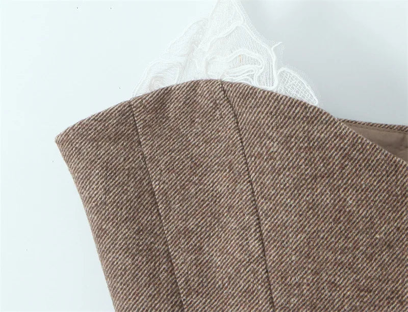 LIZAKOSHT  -  Women Wool Lace Corset Inspired Bustier  Lined Bodice Asymmetric Lace Trimmed Top