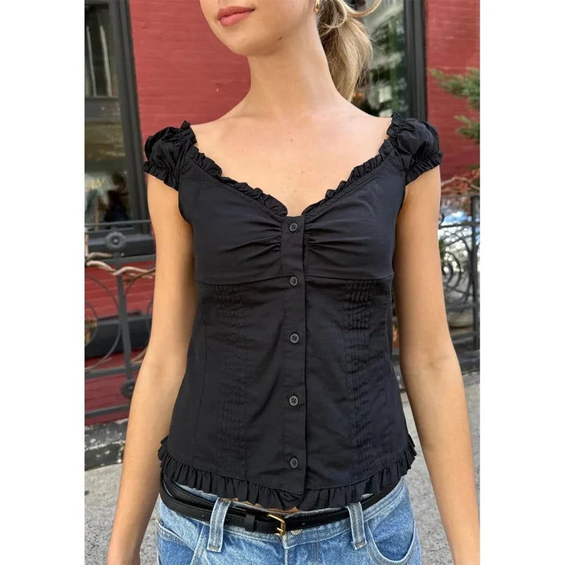 LIZAKOSHT  -  y2k Tank Top Women Summer Clothes Solid Color Cap Sleeve Button Down Slim Fit Frill T Shirt 2000s Vest Streetwear