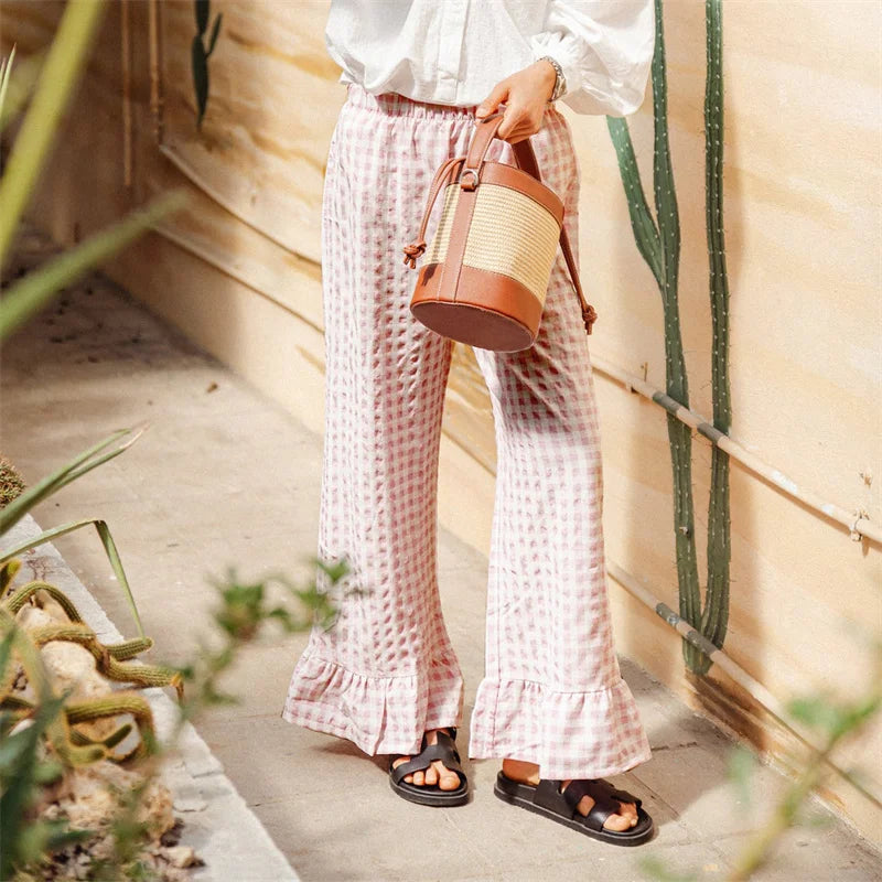 LIZAKOSHT  -  Plaid Print Pants Women y2k Clothes Elastic Waist Wide Leg Loose Ruffle Hem Trousers Summer Clothing 2000s Streetwear