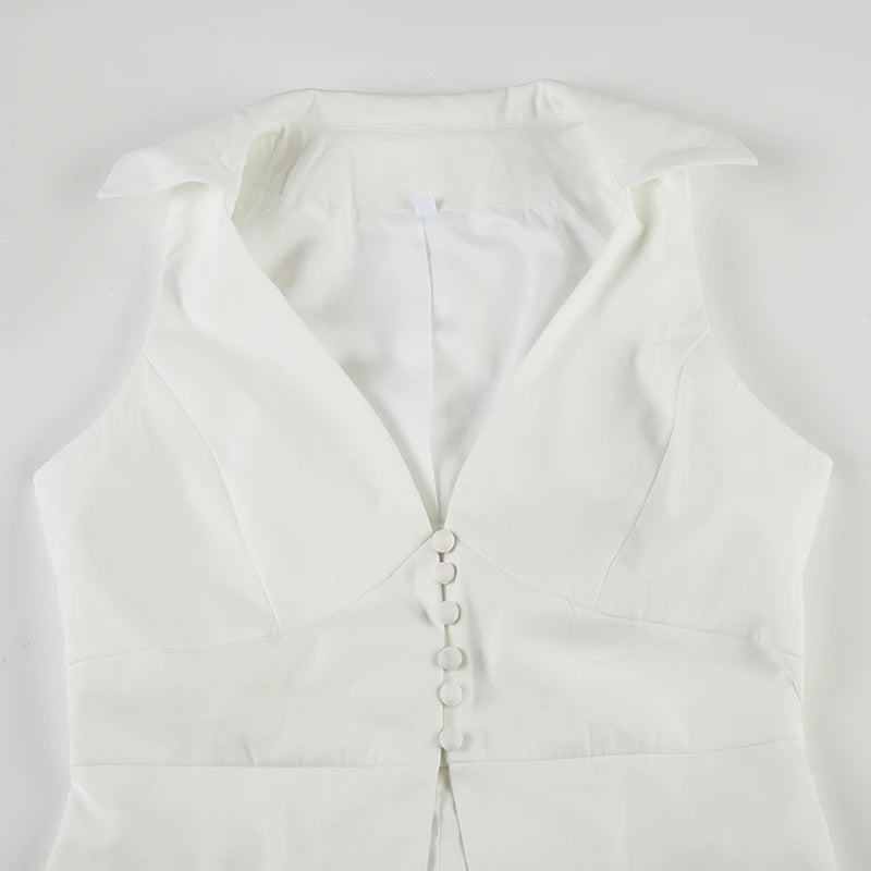 LIZAKOSHT  -  Women Casual V-neck Buttons Sleeveless Shirt Vest Minimalist Office Wear Lady Waistcoat Fashion Elegant White Tanks