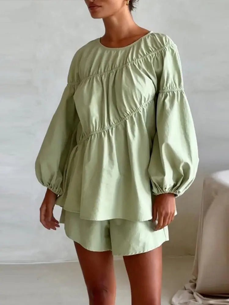 LIZAKOSHT  -  Casual Women's Shorts Suit O-neck Solid Half Sleeve Loose Shirts High Waist Shorts Loose Summer Ladies Summer 2 Piece Set