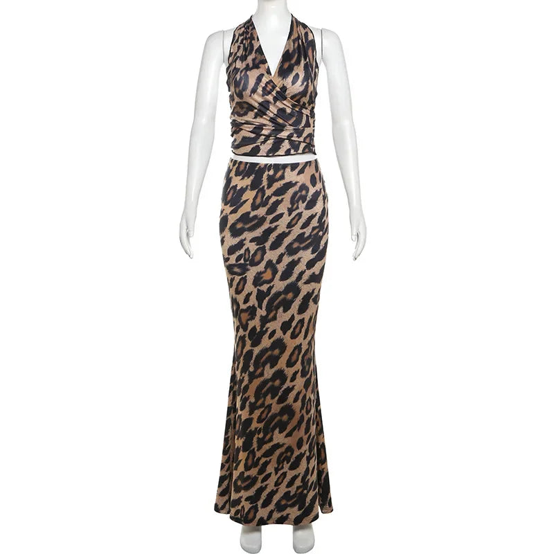 LIZAKOSHT  -  Leopard Print Bodycon Women Y2K Maxi Dress Set Summer Halter Backless Wrap Crop Top Long Skirts Two Piece Matching Sets Outfits