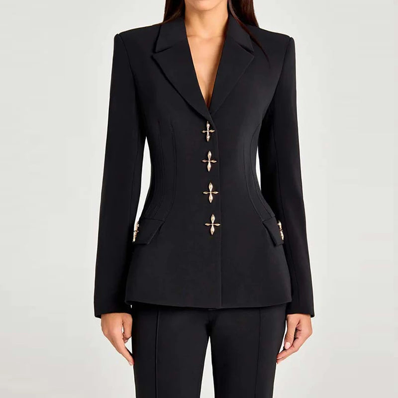 LIZAKOSHT  -  Women's Casual Commuting Solid 3 Piece Suit Elegant Button Long Sleeve Outfits Fashion Vest Top & Long Pant & Blazer Coats Sets