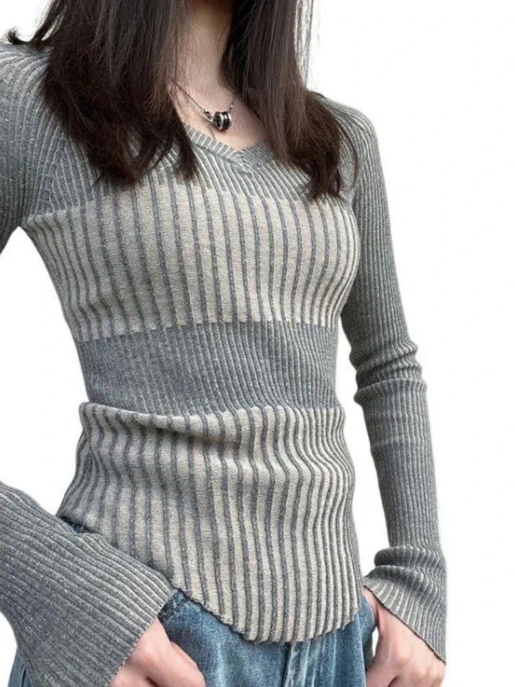 LIZAKOSHT  -   Vintage Elegant Striped V Neck Sweaters Fashion Slim Women Knitted Y2k Aesthetic Pullovers Korean All Match Grunge Sueter Mujer