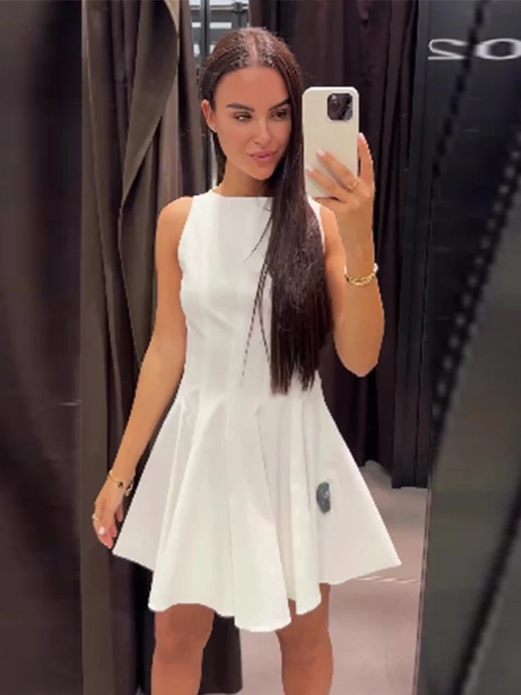 LIZAKOSHT  -  Solid Pleated Mini Tank Dress Women Elegant Slash Neck  Sleeveless Lady Dresses New Summer Fashion Commuting OL Short Robes