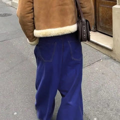 LIZAKOSHT  -  Stylish Street American Double Pocket Blue Trousers Women's Loose Straight Wide Leg Pants