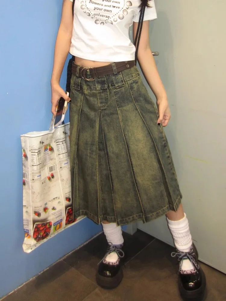 LIZAKOSHT  -  Women 2000s Harajuku Fashion Jean Midi Skirt Denim  Pleated A-line Skirts Dark Academia Y2k Preppy Japanese Grunge Gyaru New