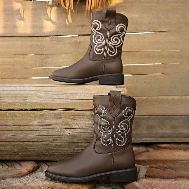 LIZAKOSHT  -  Pu Leather Retro Western Boots Women Autumn Platform Low Heels Chelsea Ankle Boots Woman Embroider Slip On Cowboy Booties