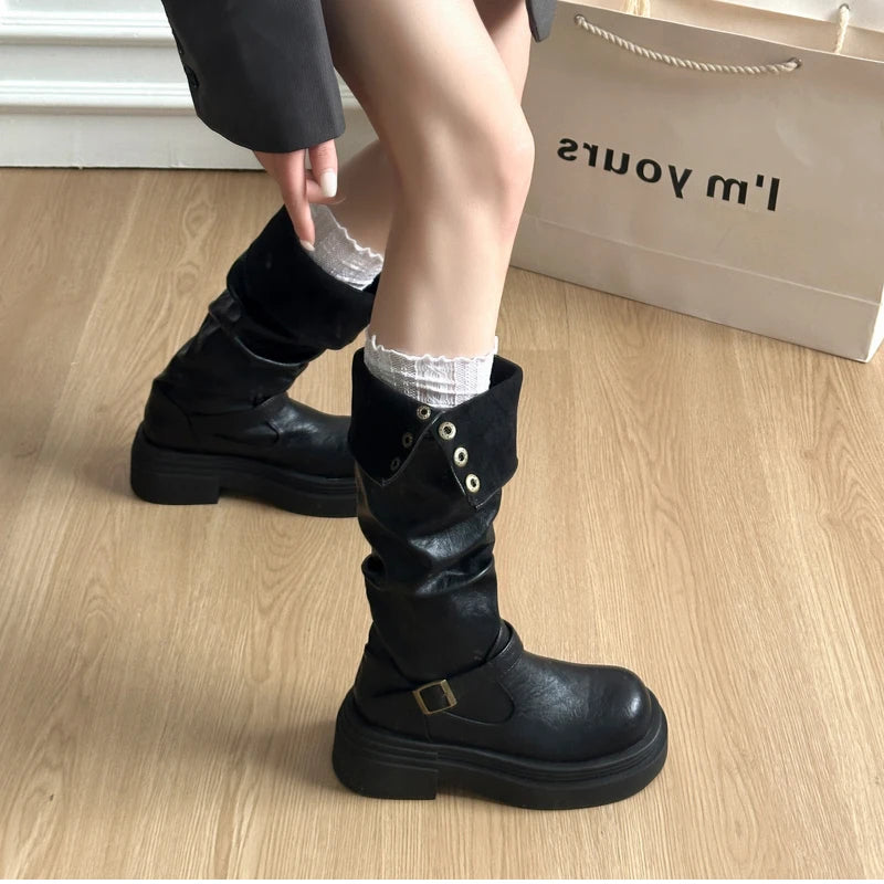 LIZAKOSHT  -  Autumn Winter Platform Thick Bottom Woman Knee High Boots Shoes Ladies Elegant Belt Buckle Knight Booties