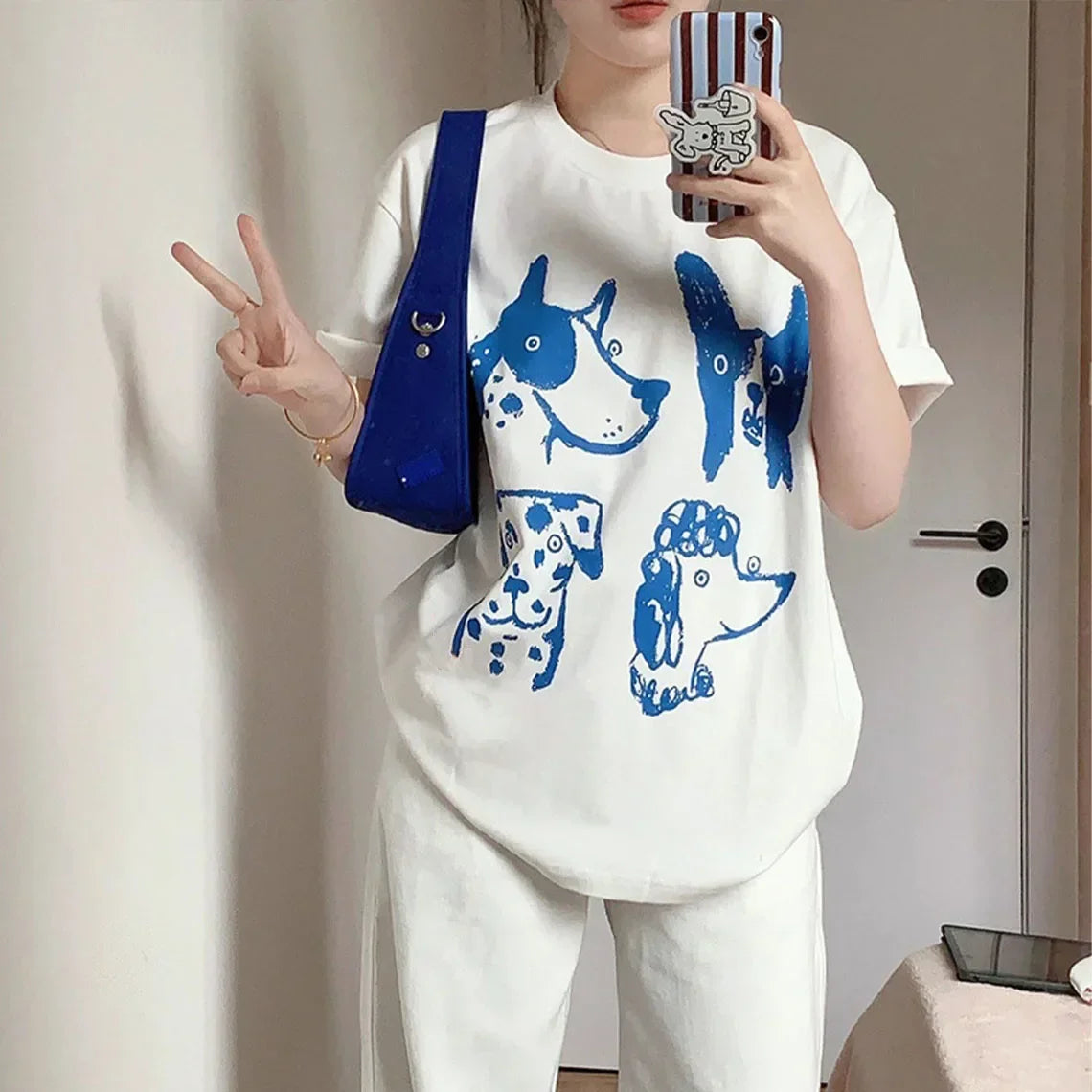 LIZAKOSHT  -  Funny Women Short Sleeve Loose Cotton Casual Tops Cartoon Dogs Printing Kpop White T Shirts Crewneck Dog Lover's Tees Streetwear