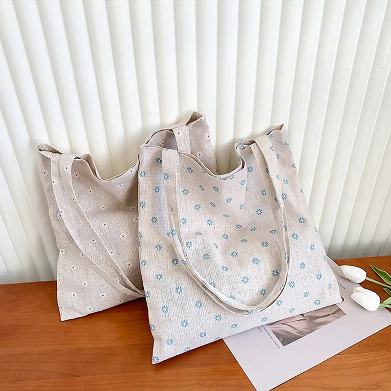 LIZAKOSHT  -  Linen Canvas Casual Female Tote Shoulder Bag Side Bag for Ladies Print Reusable Shopping Bags Handbag Eco Grocery