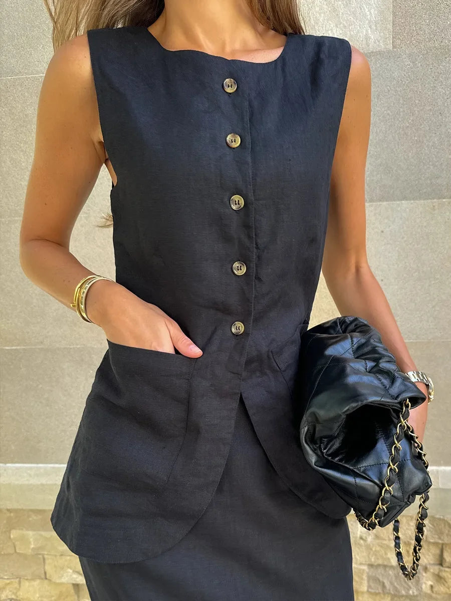 LIZAKOSHT  -  Women's Sleeveless Vest High Waisted Skirt 2-Piece Set Spring Summer New Linen Casual Suit Fashion Office Lady Vest Set