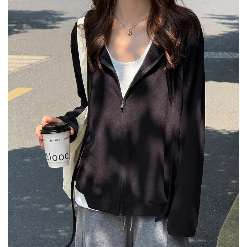 LIZAKOSHT  -  Zip Up Solid Drawstring Hoodie Sweatshirts Double Zip Women Autumn Pockets Oversized Outerwear Sporty Korean Sweatshirts Coat