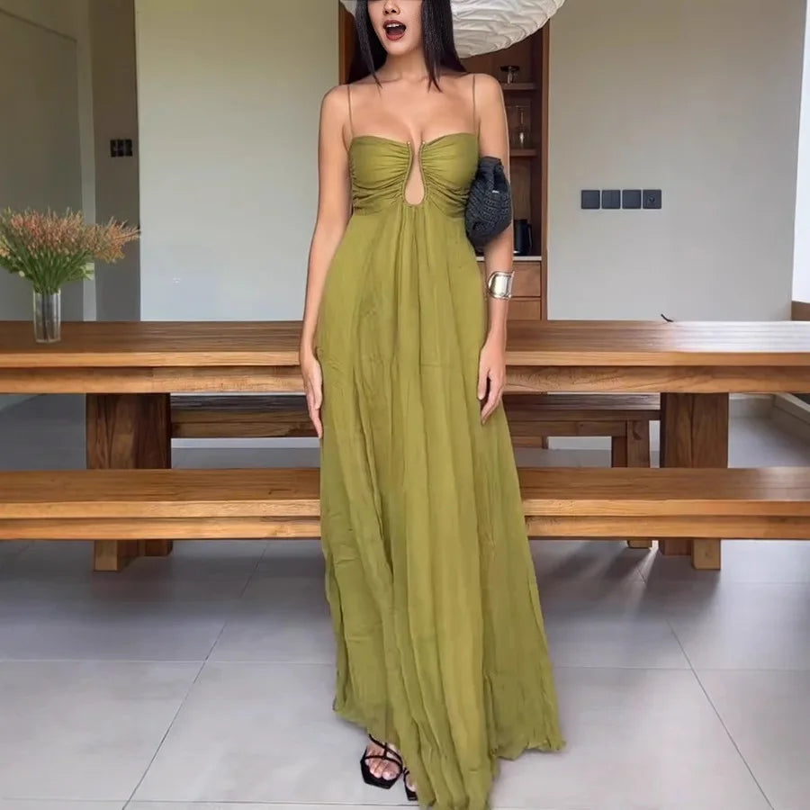 LIZAKOSHT  -  Backless Sexy Camisole Dress Women 2025 Summer Casual Sleeveless Wrap Long Dresses Lady Vacation Beach Tourism High Waist Dress