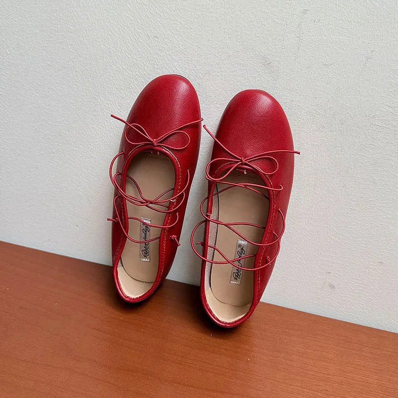 LIZAKOSHT  -  New Round Toe Fashion Cross-tied Women Flats Dress Shoes Shallow Slip On Ballet Shoes Soft Ladies Flat With Shoes