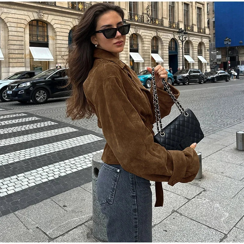 LIZAKOSHT  -  Retro Brown Lace Up Shorts Suede Jacket Elegant Female Lapel Long Sleeves Slim Coats Autumn Chic Lady High Street Outwear