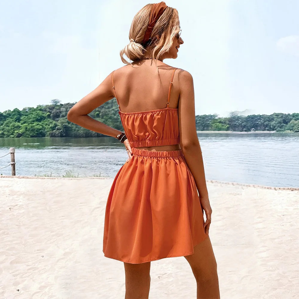 LIZAKOSHT  -  Women's Sexy Hollow Out Casual Simple Waist Style Camisole A-line Short Skirt Dress