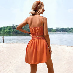 LIZAKOSHT  -  Women's Sexy Hollow Out Casual Simple Waist Style Camisole A-line Short Skirt Dress