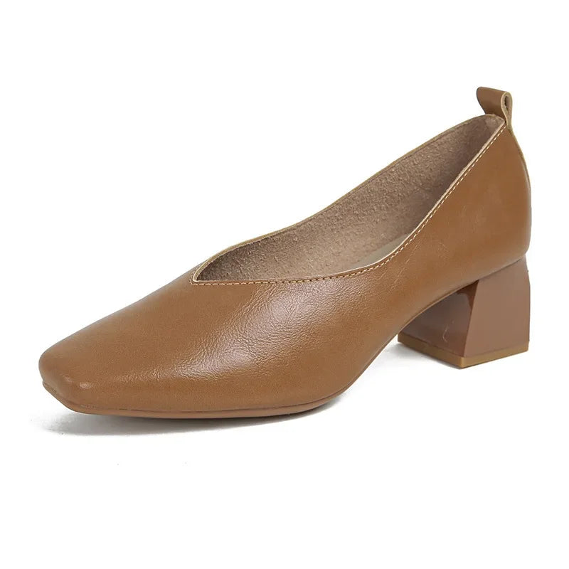 LIZAKOSHT  -  Women's Genuine Leather Shoes Soft Bottom Slip-On High Heels Spring Summer Season Square Head Versatile Mid Heel Casual Shoes